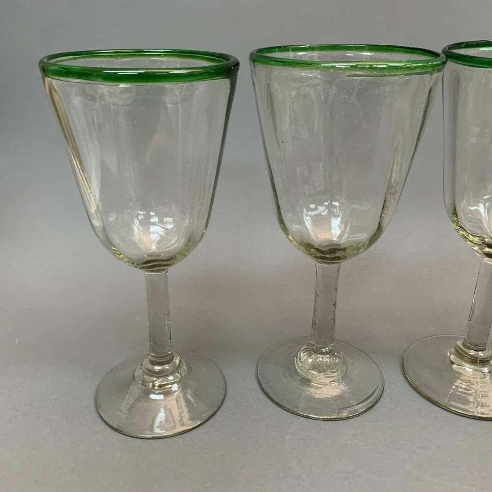 Clear Glass Green Trim Blown‎ Glasses Mexico? Lot of 4